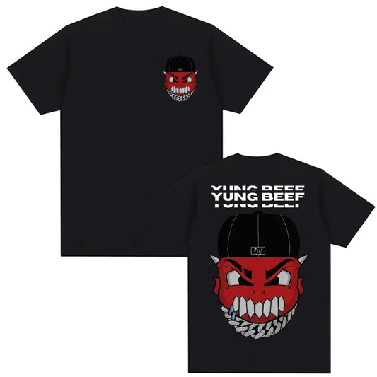 Black short-sleeved cotton t-shirt featuring a red devil face with white teeth and horns wearing a black cap on front and back