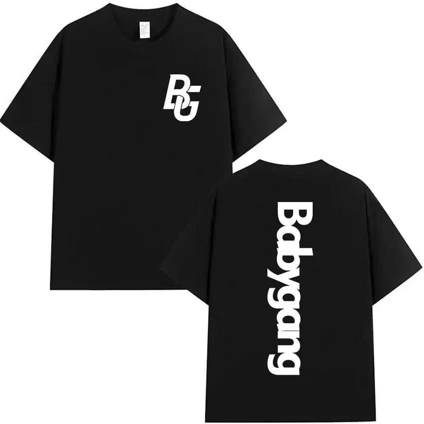 Black oversized short sleeve t shirt with white bg logo front and vertical babyyang text back for rappeur baby gang clothing hip hop