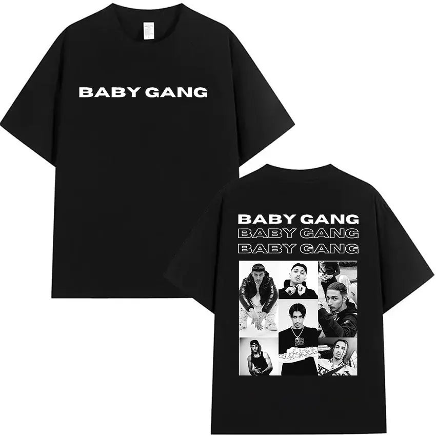 Black oversized cotton t shirt featuring rappeur baby gang bold front text and band member collage on back clothing hip hop