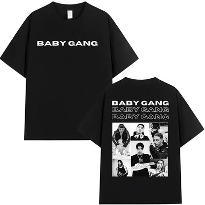 Black oversized cotton t shirt featuring rappeur baby gang bold front text and band member collage on back clothing hip hop