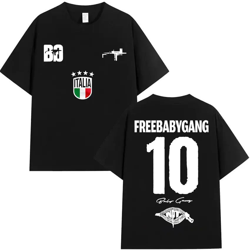 Black short-sleeved rappeur baby gang oversized t shirt with white prints and italian flag emblem clothing hip hop style