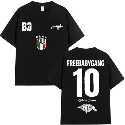 Black short-sleeved rappeur baby gang oversized t shirt with white prints and italian flag emblem clothing hip hop style