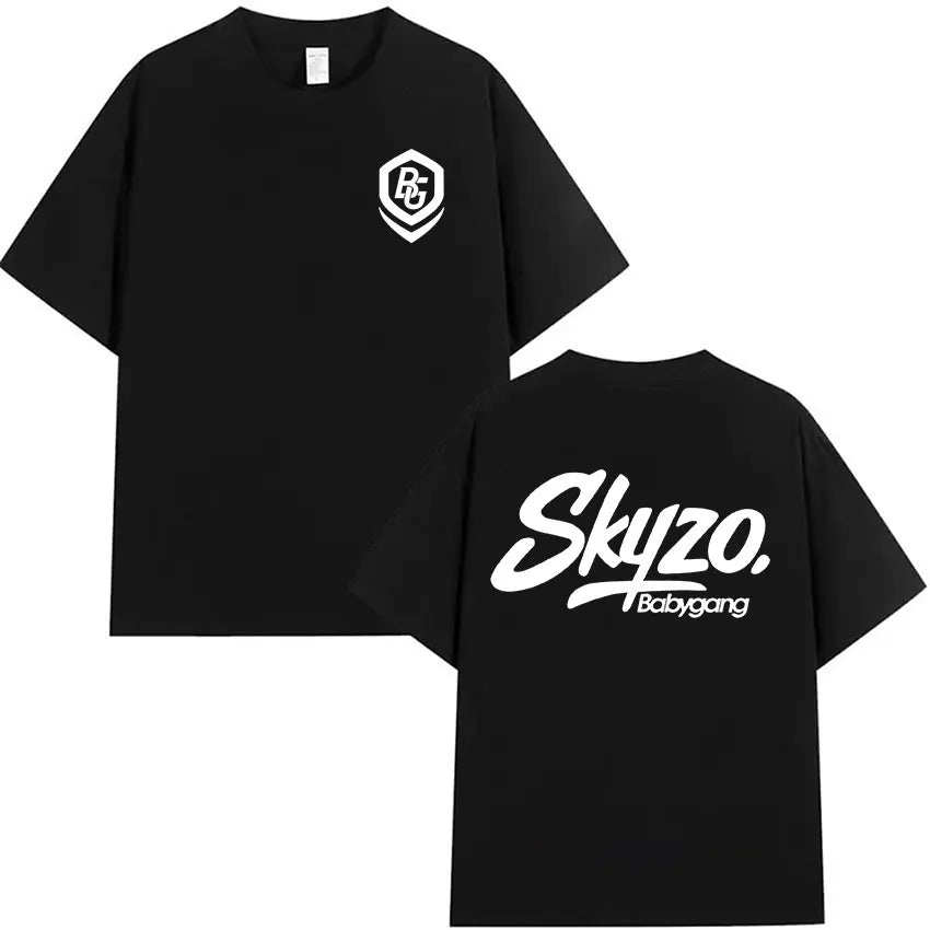 Black oversized short-sleeve t shirt featuring white skyzo logo and babygang text on back and hexagonal emblem hip hop clothing