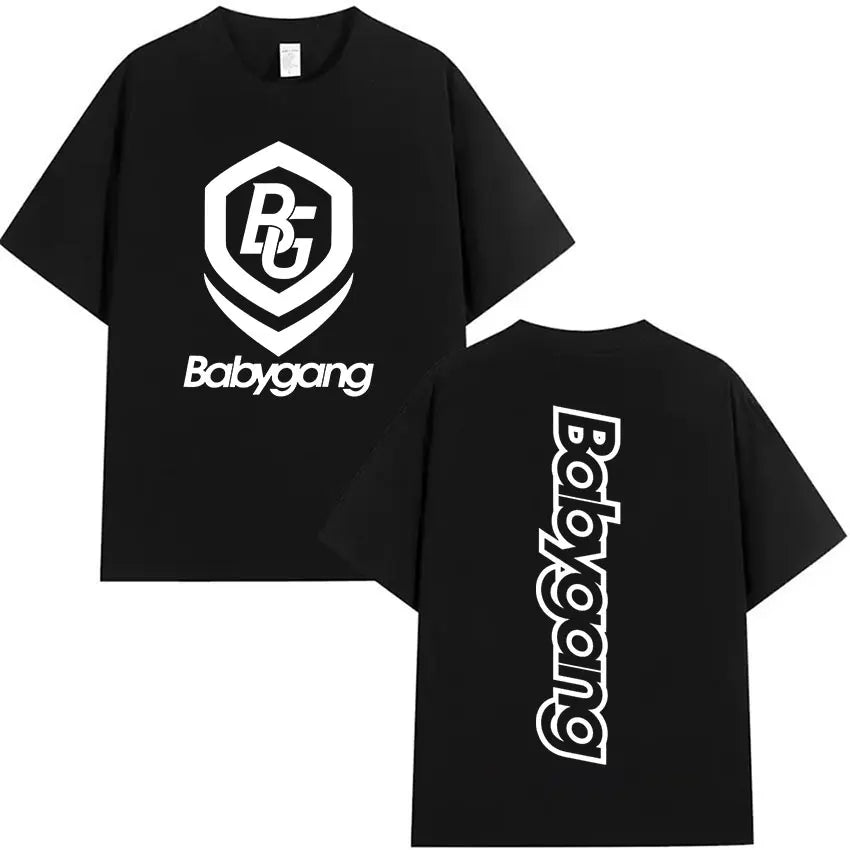 Black oversized short sleeve t shirt with white babygang logo front and back rappeur baby gang clothing hip hop merch