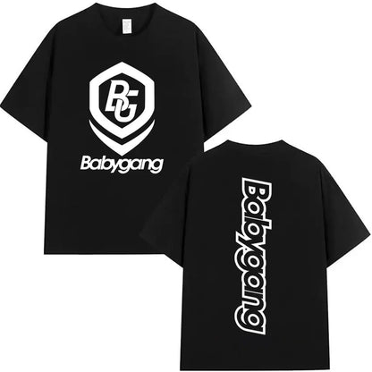 Black oversized short sleeve t shirt with white babygang logo front and back rappeur baby gang clothing hip hop merch