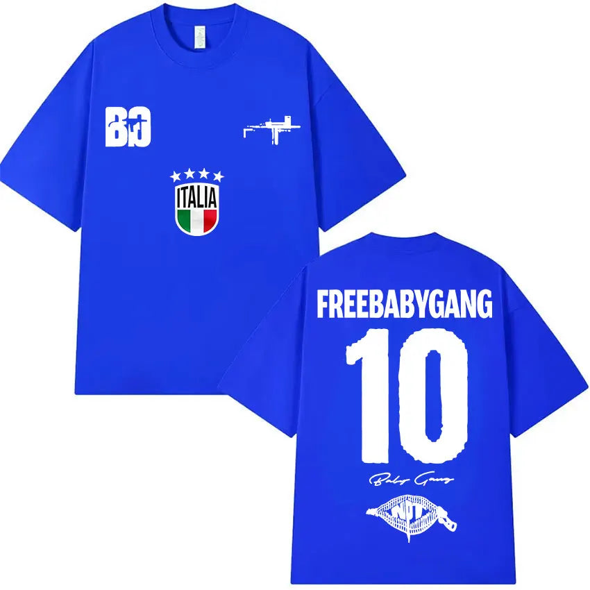 Blue oversized t shirt with white Italia crest, rifle silhouette, and Freebabygang 10 text for rappeur baby gang clothing hip hop