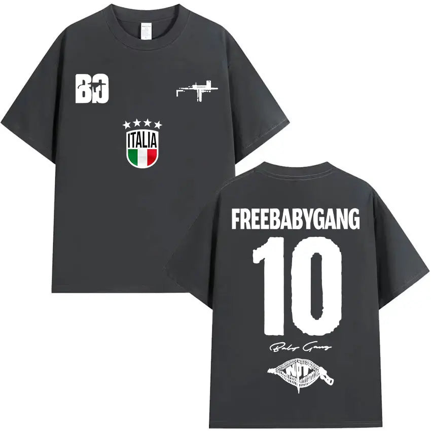 Black oversized t shirt featuring white graphic prints including freebabygang 10 on back and italian flag emblem front clothing hip hop