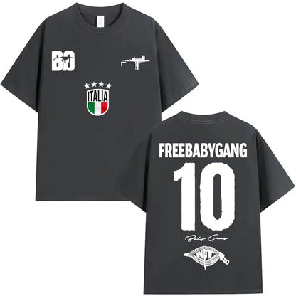 Black oversized t shirt featuring white graphic prints including freebabygang 10 on back and italian flag emblem front clothing hip hop