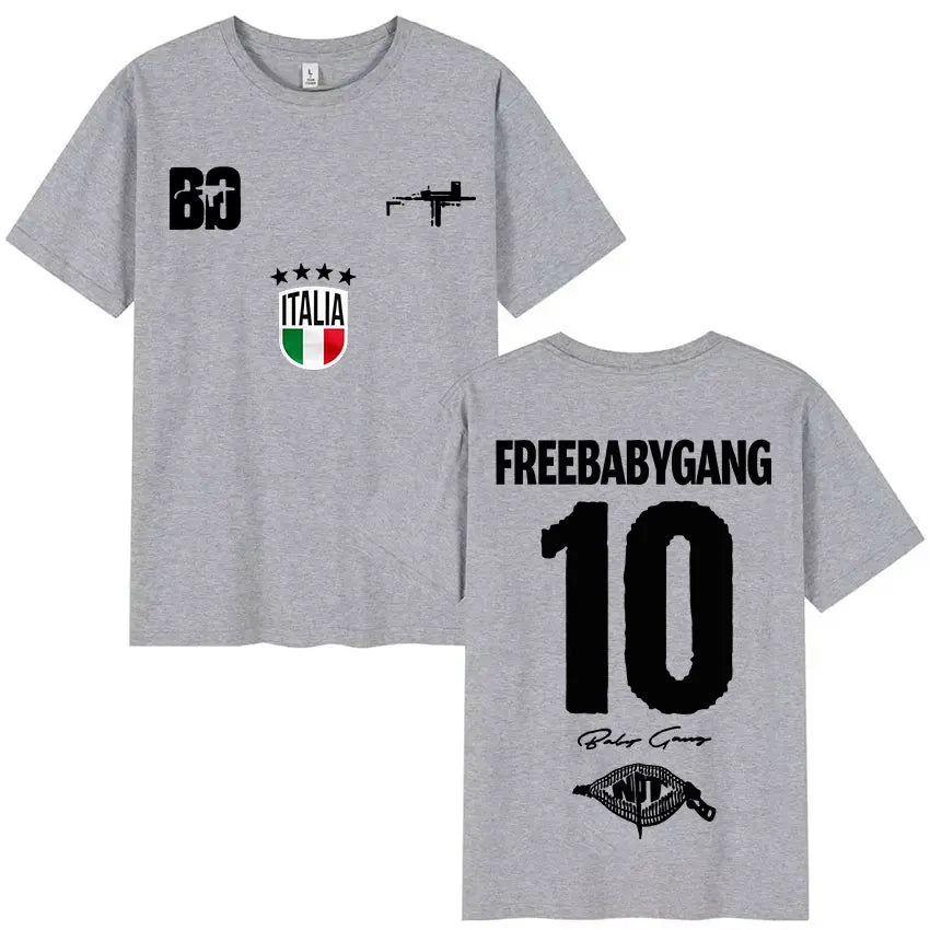 Gray heathered oversized t shirt with black graphic prints featuring italian flag emblem and freebabygang text for rappeur baby gang clothing hip hop