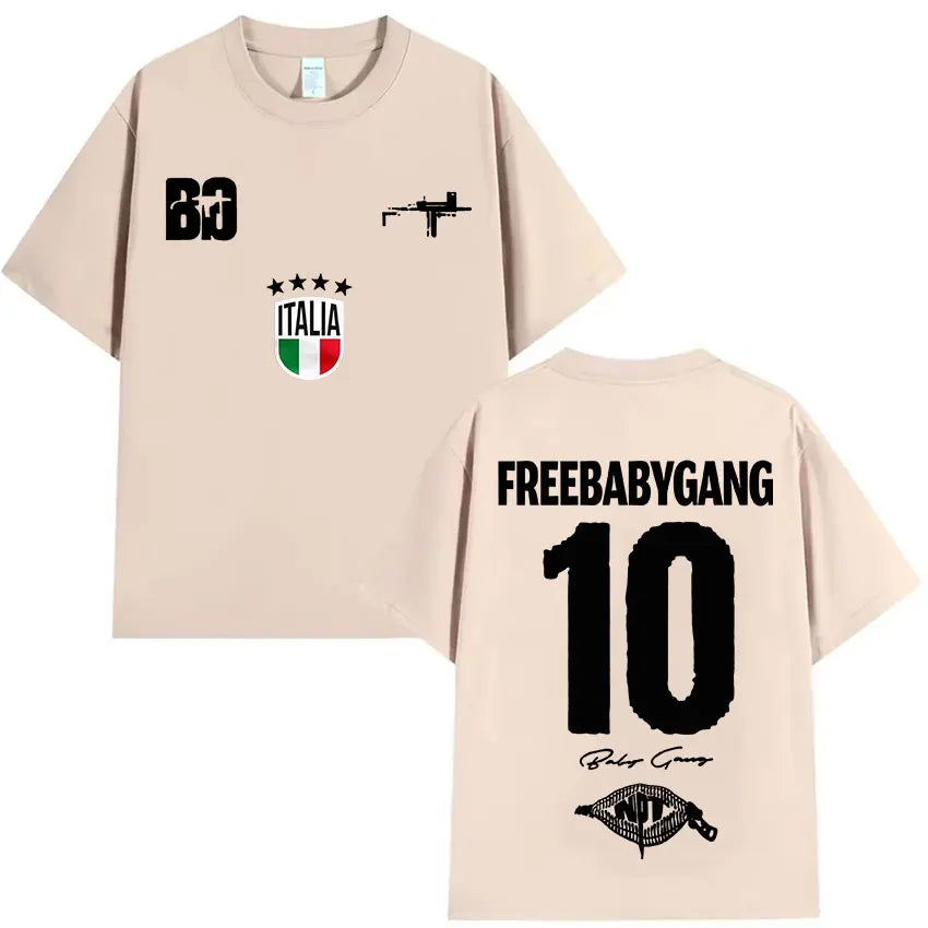 Beige oversized short-sleeved t shirt with black graphic prints including rappeur baby gang and italian flag emblem