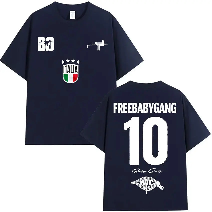 Navy blue oversized t shirt with white freebabygang print on back and italian flag emblem front rappeur baby gang clothing hip hop