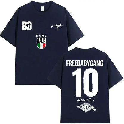 Navy blue oversized t shirt with white freebabygang print on back and italian flag emblem front rappeur baby gang clothing hip hop