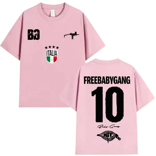 Pink oversized short sleeve t shirt with black italia emblem and firearm print for rappeur baby gang clothing hip hop fans