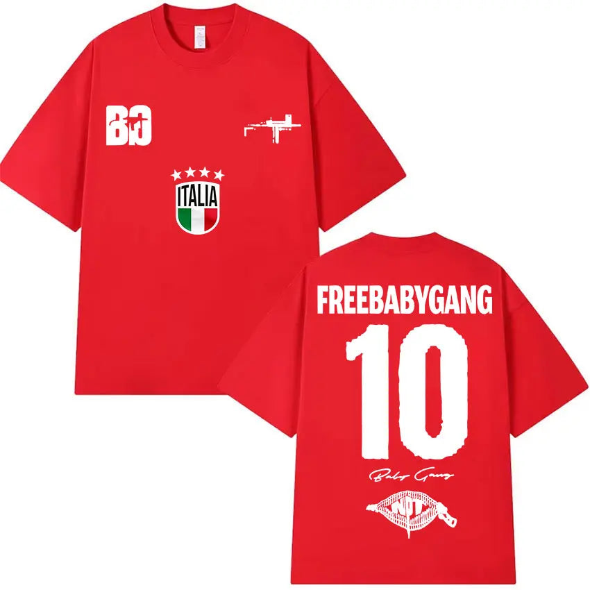 Red oversized short sleeve t shirt with white italia crest and rifle graphic for rappeur baby gang clothing hip hop merch