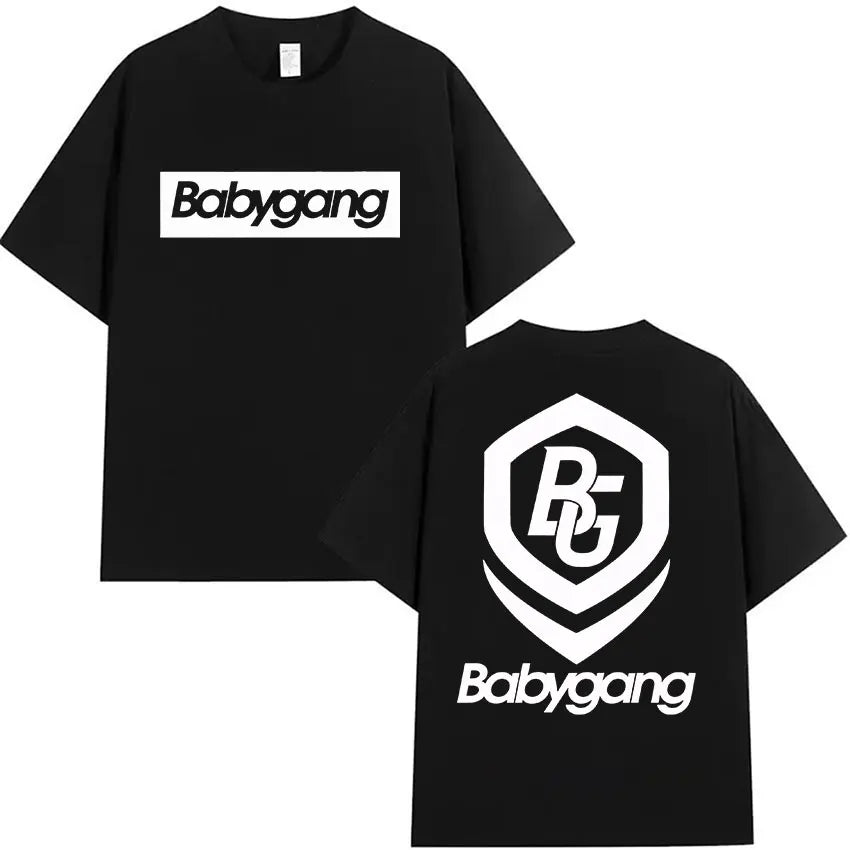 Black babygang oversized t shirt featuring bold white graphic logos front and back for clothing hip hop fans