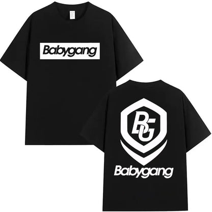 Black babygang oversized t shirt featuring bold white graphic logos front and back for clothing hip hop fans