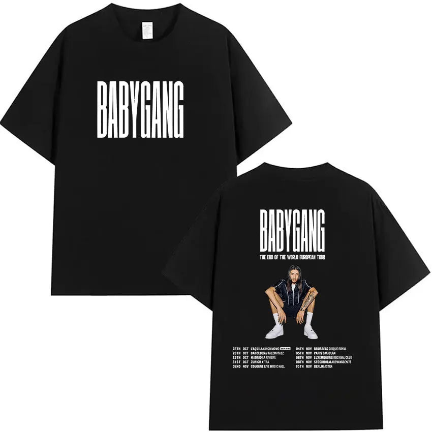 Black oversized short sleeve t shirt featuring white babygang text graphic and 2025 tour dates for rappeur baby gang clothing hip hop