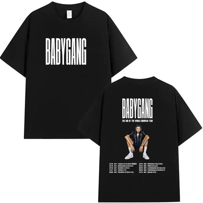 Black oversized short sleeve t shirt featuring white babygang text graphic and 2025 tour dates for rappeur baby gang clothing hip hop