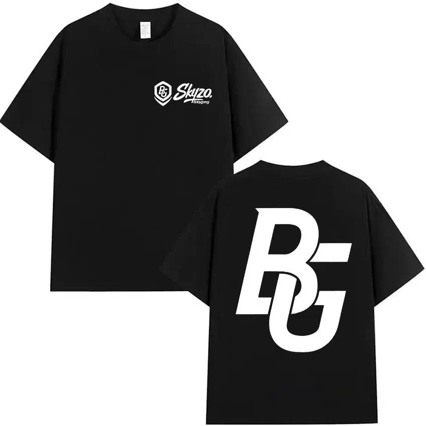 Black oversized t shirt featuring white bg logo on back and skuzo x icepro emblem on chest for rappeur baby gang clothing hip hop