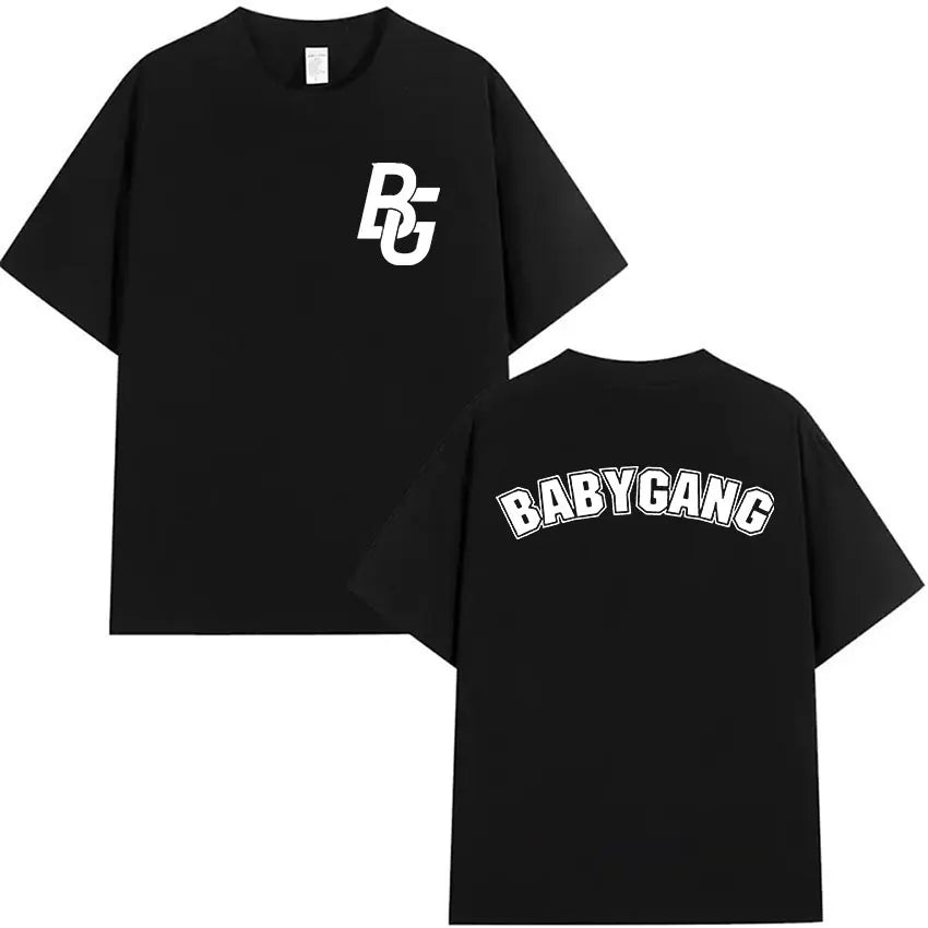 Black oversized short-sleeved t shirt with white bc logo front and babygang back for rappeur baby gang clothing hip hop