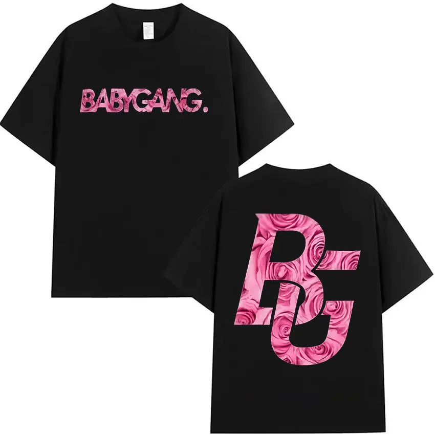 Black oversized short-sleeved t shirt with pink rose-patterned rappeur baby gang logo front and floral monogram back