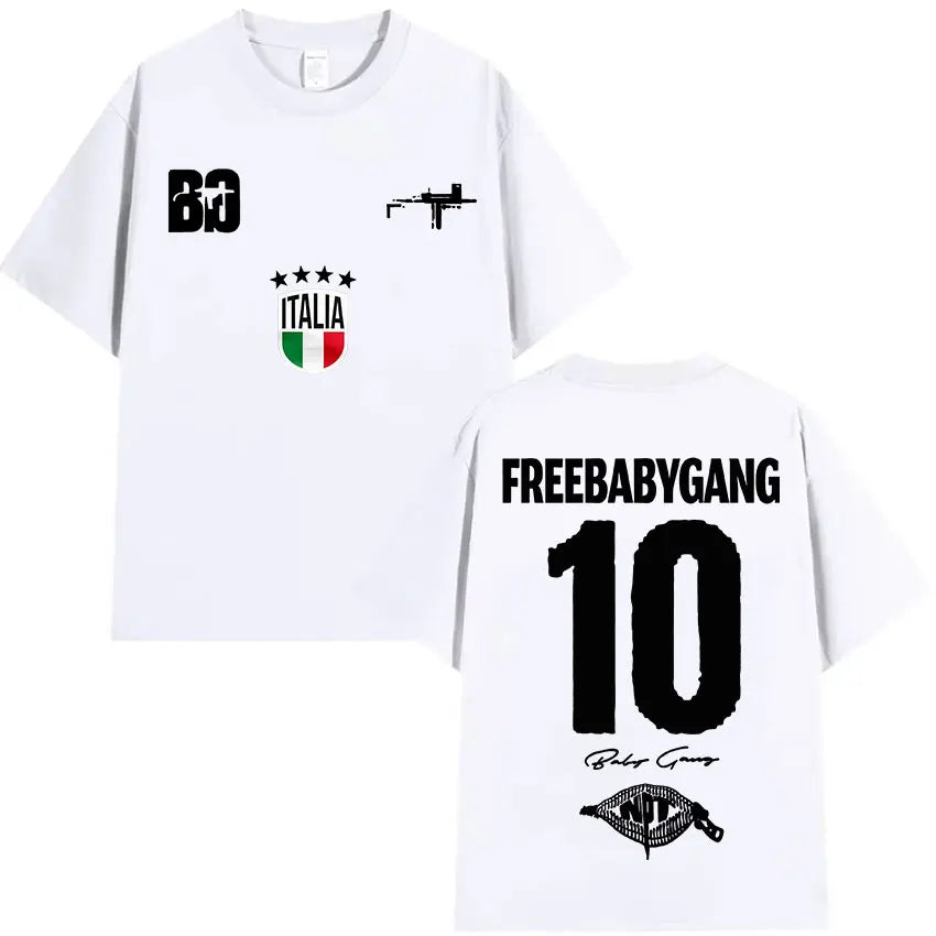 White oversized t shirt with black graphic prints including italian flag emblem number 10 and freebabygang text for clothing hip hop
