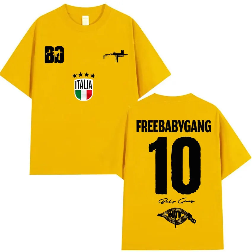 Yellow short-sleeved oversized t shirt with black graphic prints including freebabygang 10 and italian flag emblem for clothing hip hop fans