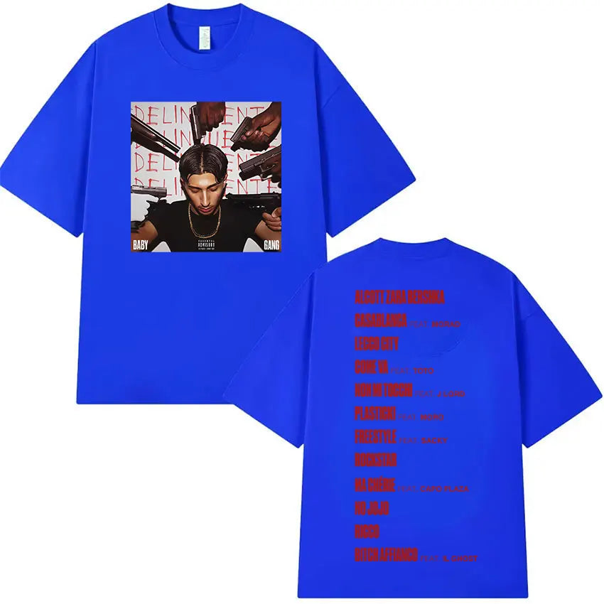 Bright blue oversized cotton t shirt featuring delinquent album cover graphic for rappeur baby gang hip hop gothic streetwear
