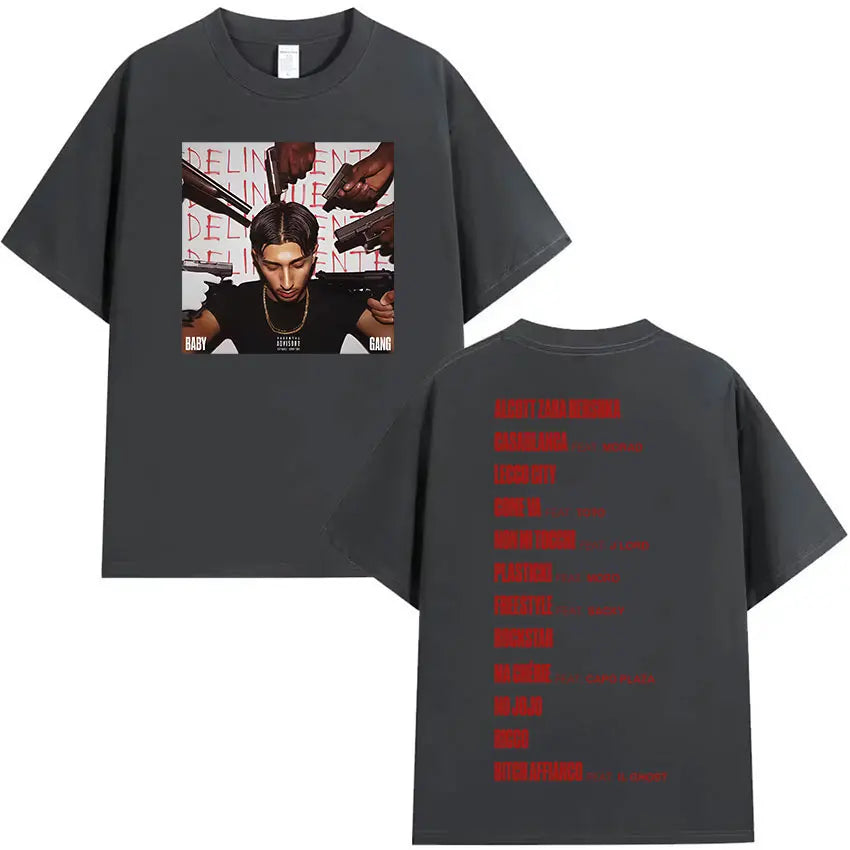 Dark gray oversized hip hop gothic t shirt featuring rappeur baby gang graphic and red track list on the back in cotton