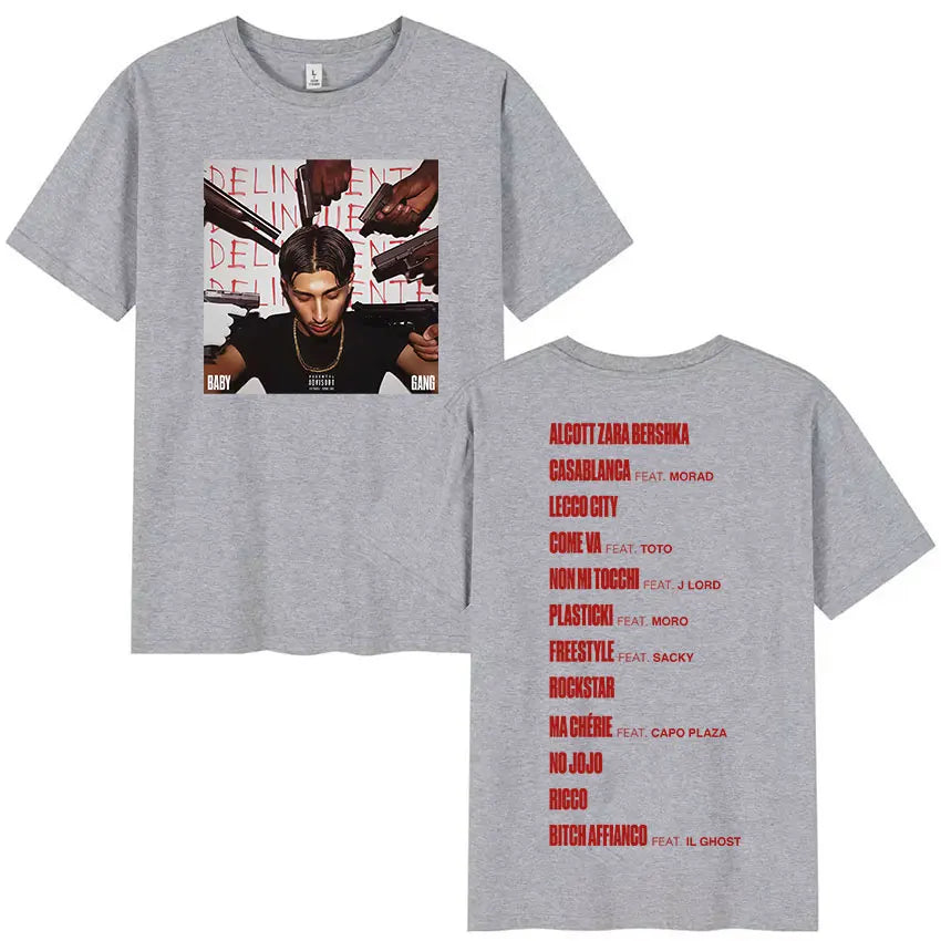 Gray cotton rappeur baby gang t-shirt with hip hop gothic graphic and red fashion pop music tracklist on back