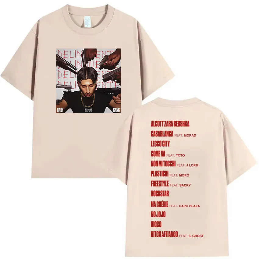 Beige cotton oversized t-shirt with baby gang delinquent album cover and red track list text on back hip hop gothic style