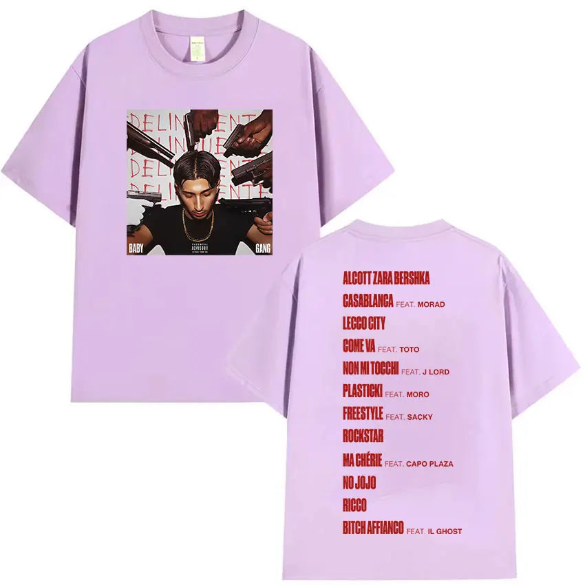 Light purple oversized cotton t-shirt featuring rappeur baby gang graphic and hip hop gothic tracklist on back