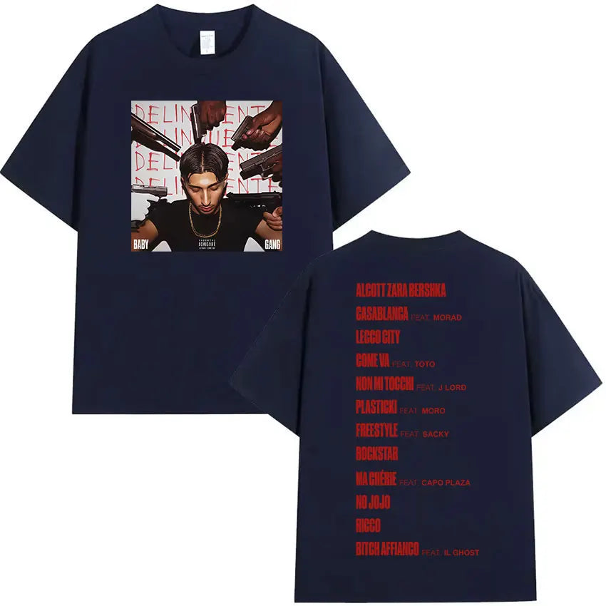 Navy blue oversized rappeur baby gang hip hop gothic t shirt with baby keem graphic and vertical tracklist on back in cotton