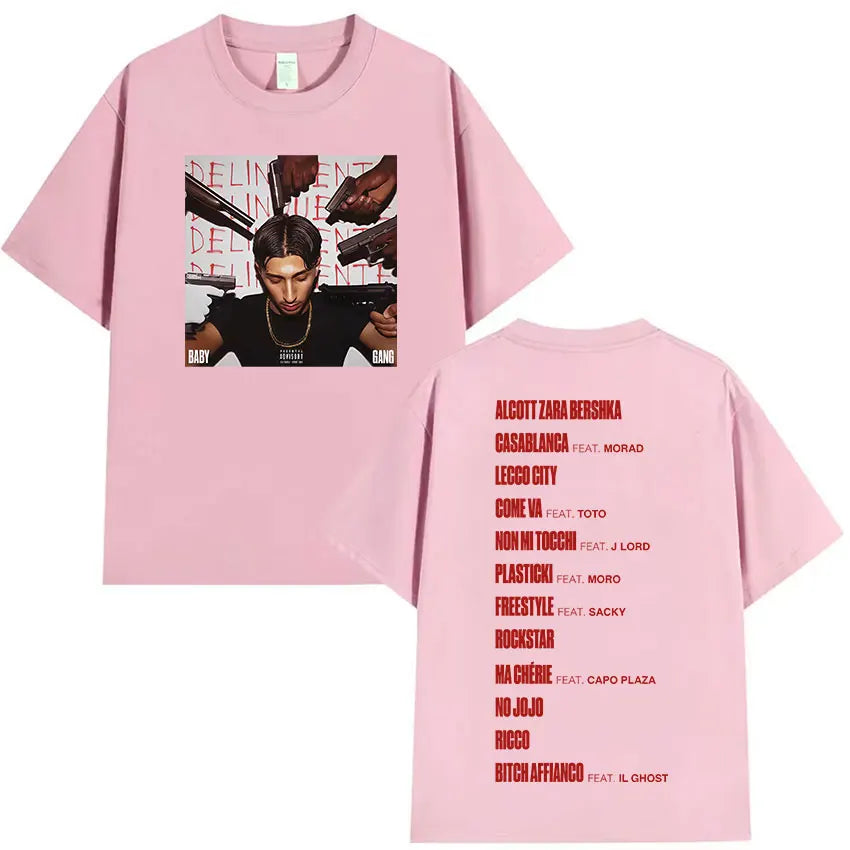 Pink cotton rappeur baby gang t-shirt with hip hop gothic graphic print and tracklist on the back side