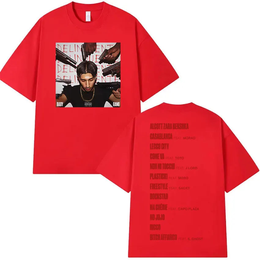 Red cotton t-shirt featuring graphic print of man with guns and delinquent album title by rappeur baby gang hip hop gothic streetwear