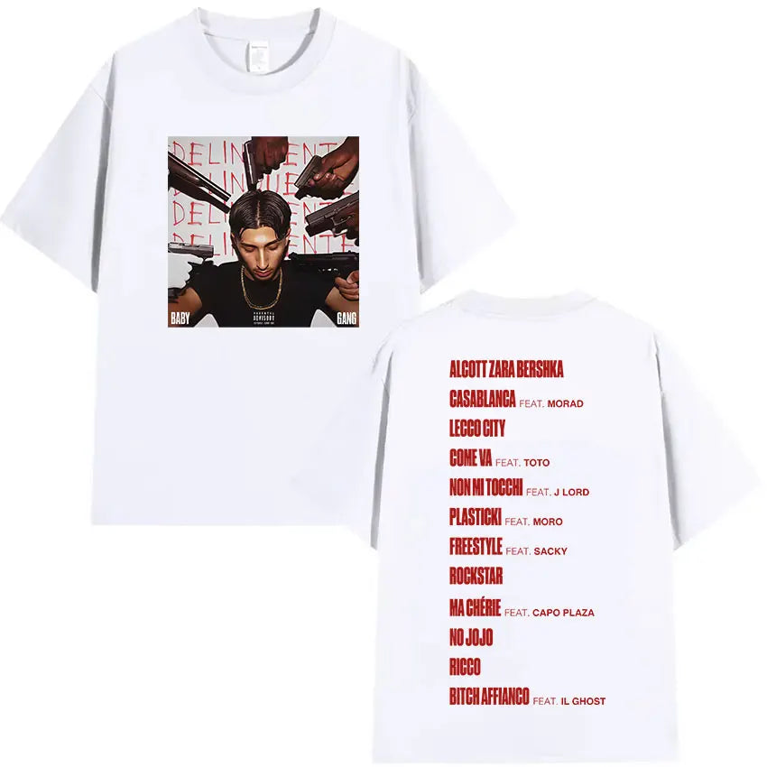 White cotton t shirt with rappeur baby gang graphic print and red tracklist text on back for hip hop gothic style