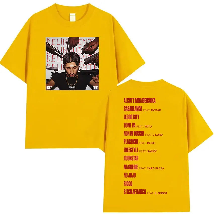Bright yellow cotton oversized t shirt with rappeur baby gang graphic and hip hop gothic song list for fashion pop music fans