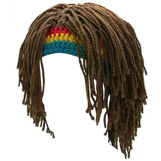 Brown cap handmade crochet rasta wig beanie with colorful red yellow and blue rainbow stripe hip hop cap design