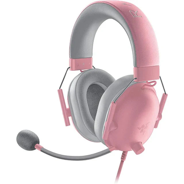 Pink and gray razer blackshark v2 x wired gaming headphone with flexible boom microphone for ps4 ps5 nintendo surround sound game