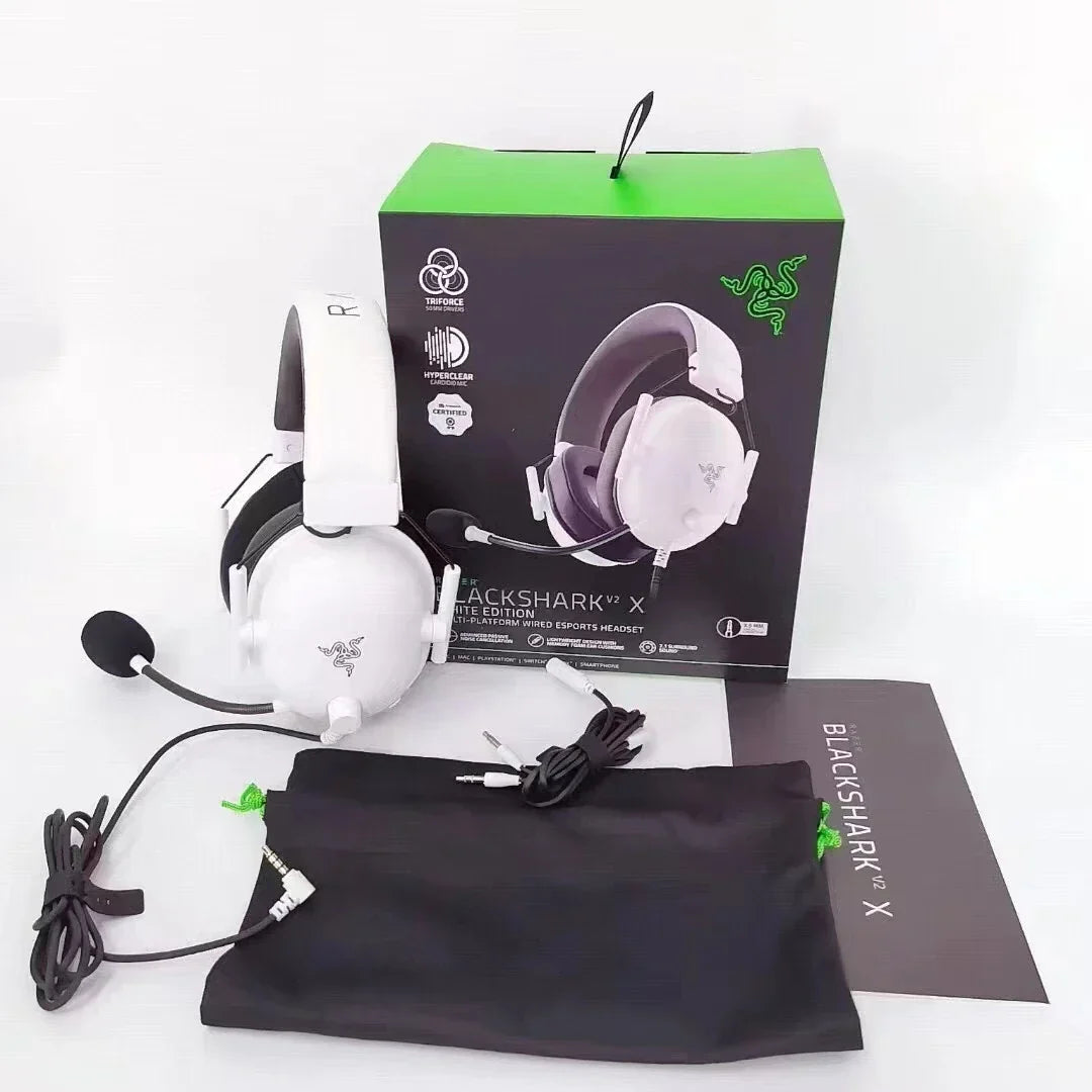 White razer blackshark v2 x wired gaming headphone with surround sound for ps4 ps5 nintendo and detachable microphone