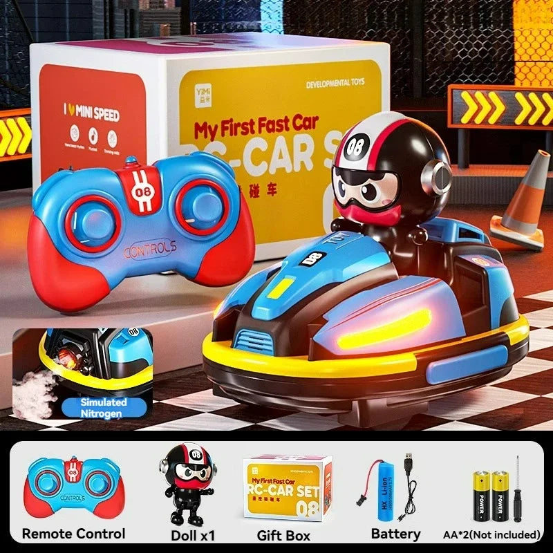 Blue and brown rc football sports battle bumper car with cartoon driver figure for kid catapult robot light rc game