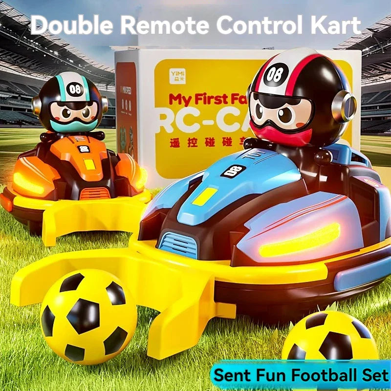 Blue and brown remote control kart with yellow accents and cartoon drivers for kid catapult robot light rc game battles