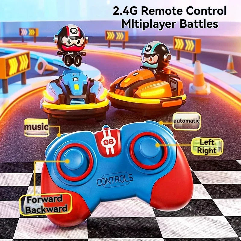 Blue and red 2.4g remote control with labeled buttons for forward backward left right and automatic mode for kid catapult robot karting toy