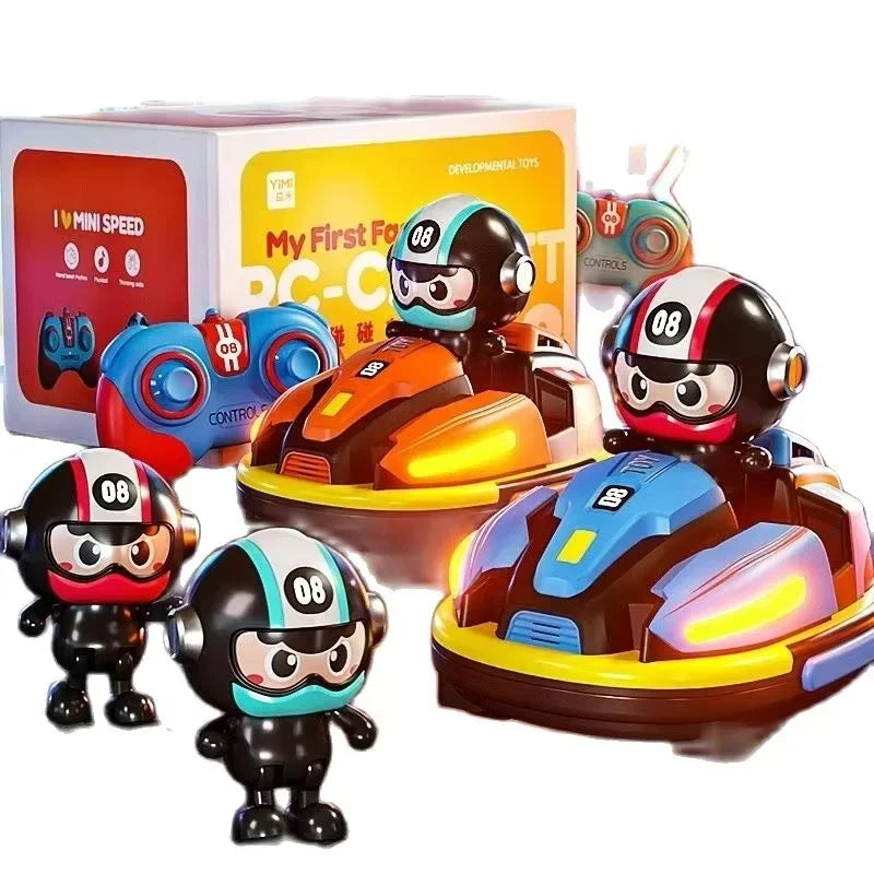 Colorful remote-controlled bumper cars with black-suited cartoon drivers featuring 08 visors for kid catapult robot light rc game