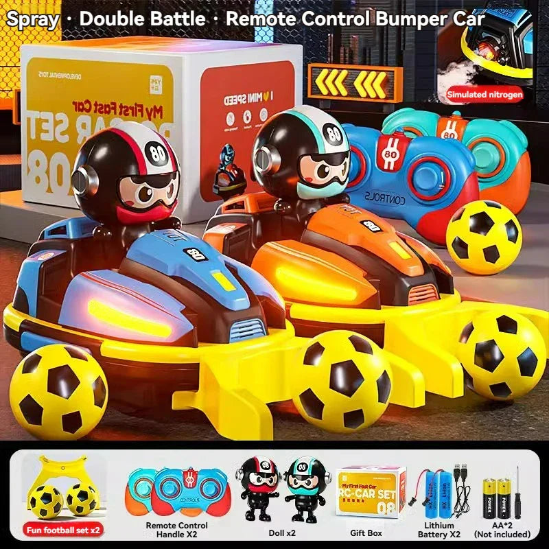 Colorful remote control bumper cars with soccer ball wheels and cartoon drivers for kid catapult robot light rc game