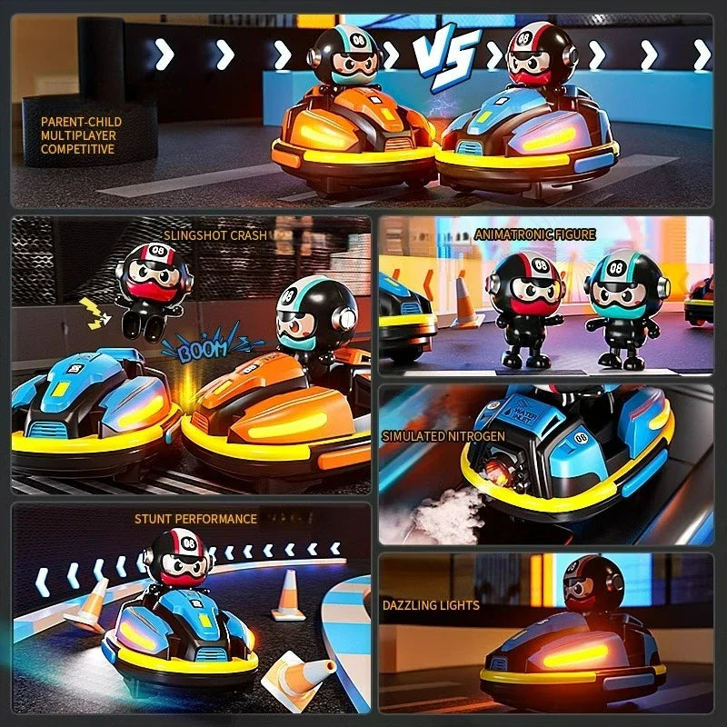 Orange and blue bumper cars with glowing lights and cartoon drivers for kid catapult robot light rc game battles