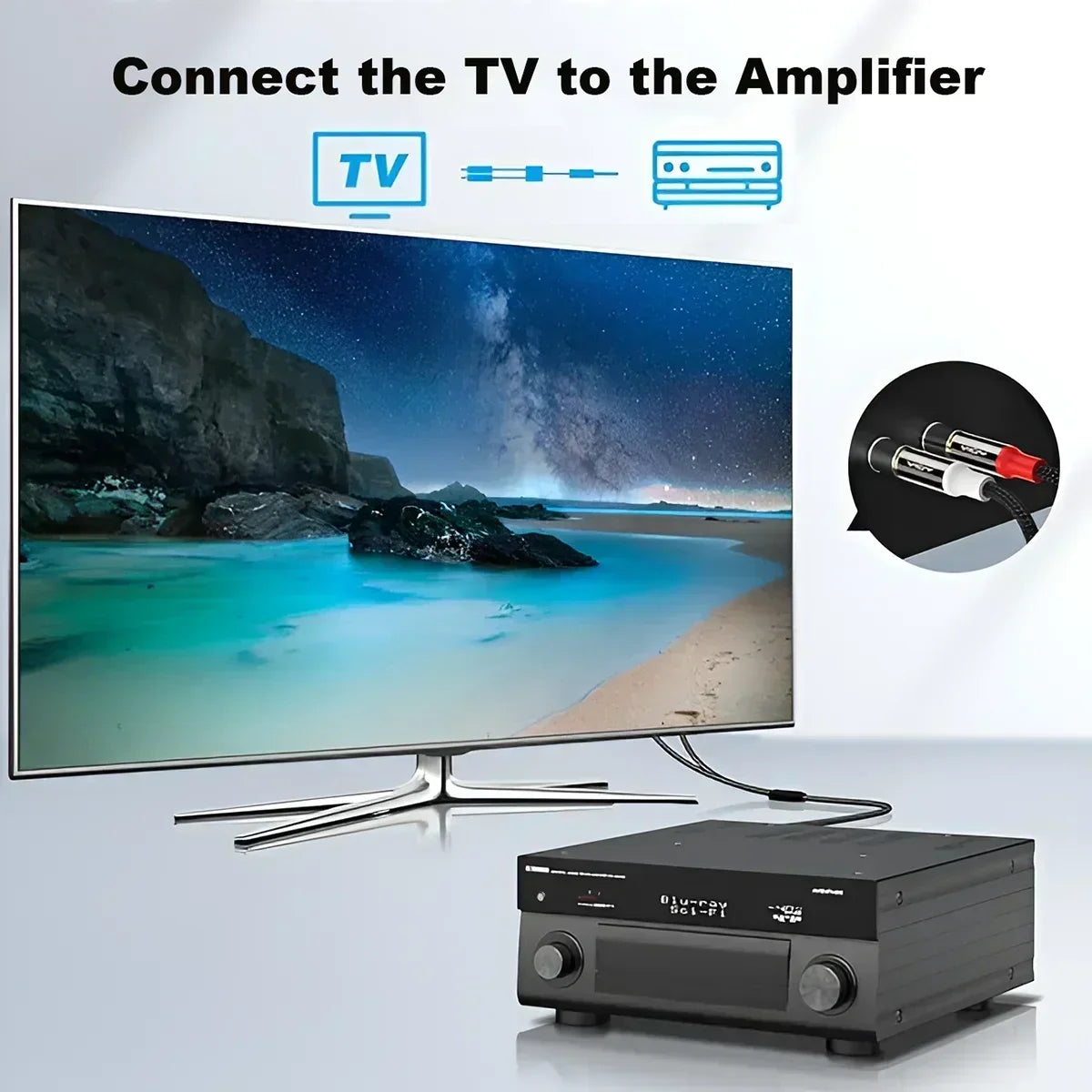 Black blu-ray amplifier with silver knobs and digital display paired with rca cable audio cable for home equipment use