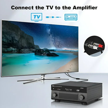Black blu-ray amplifier with silver knobs and digital display paired with rca cable audio cable for home equipment use