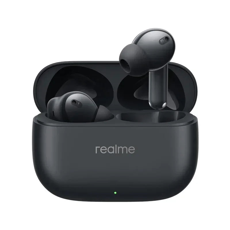Black realme buds t310 earphones in a sleek matte charging case with 46db active noise cancelling Bluetooth 5.4 headset
