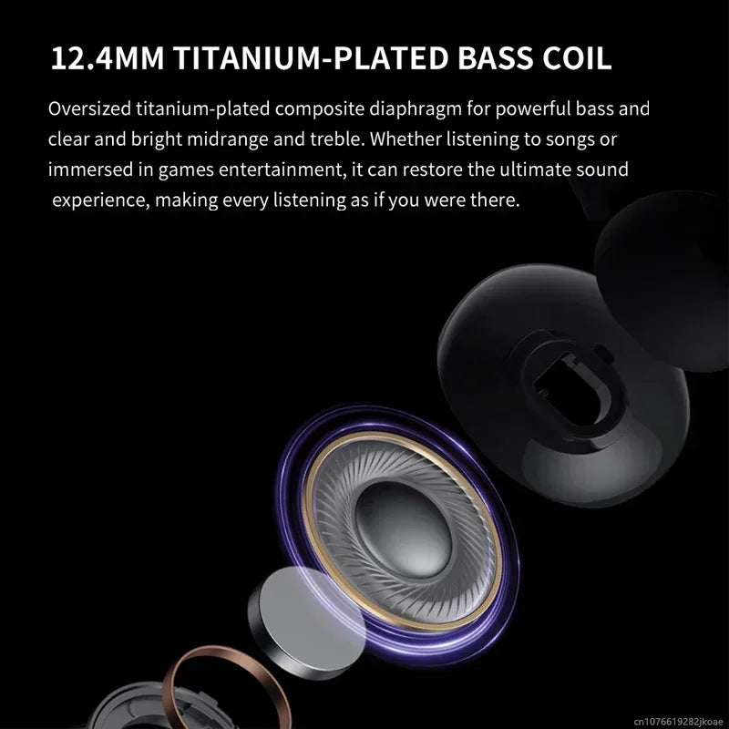 Close-up of realme buds t310 earphones 12.4mm titanium-plated bass coil with oversized silver diaphragm and purple ring accent